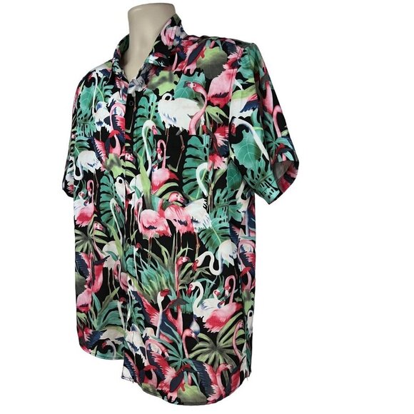 Molokai Surf Co Men Black Pink Flamingo Hawaiian Button Up Camp Shirt XL Pocket - Picture 3 of 9